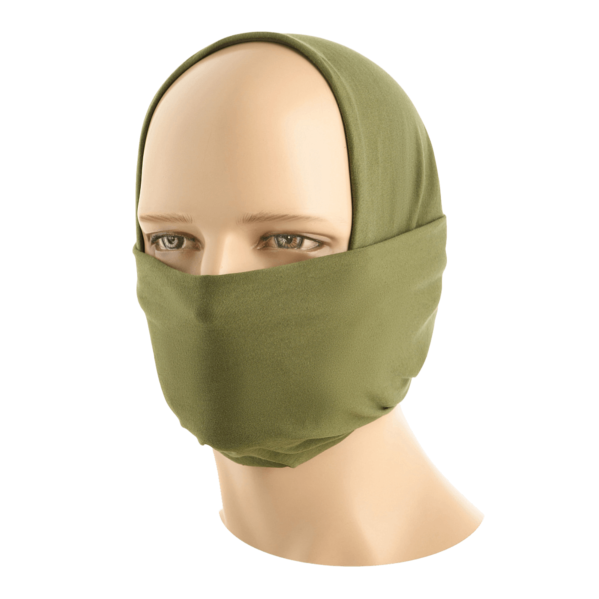 Model iført en grøn M-Tac Bomuld Tube Scarf som balaclava, lavet af 100% bomuld, multifunktionelt og hurtigtørrende tilbehør.