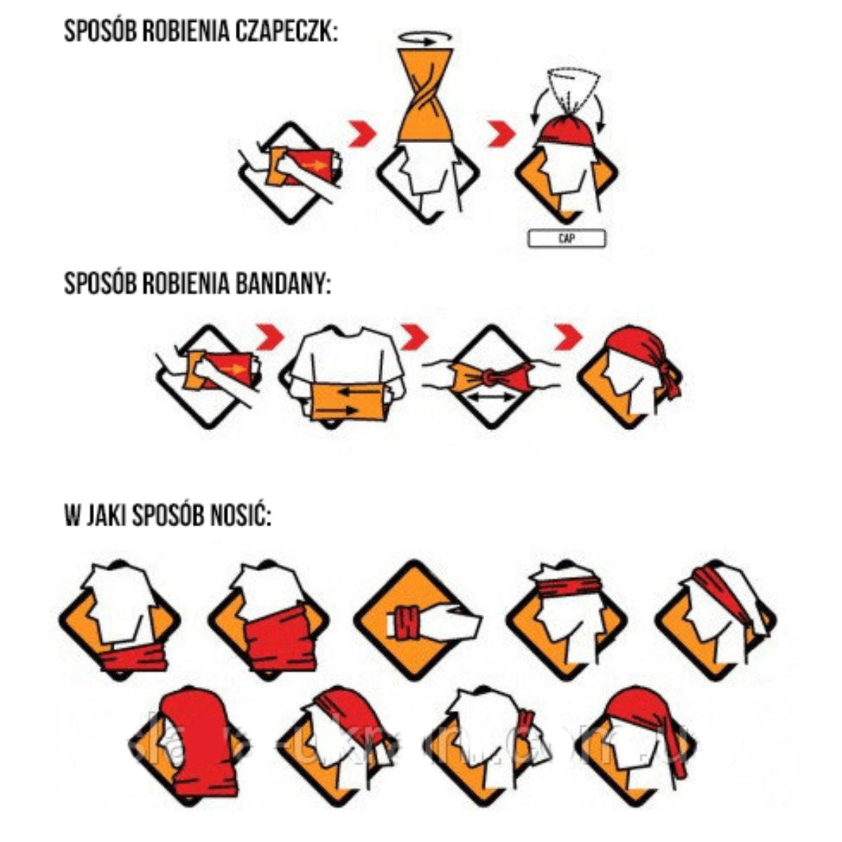 Illustration af forskellige måder at bruge M-Tac Bomuld Tube Scarf som cap, bandana og flere funktioner. Multifunktionelt og pladsbesparende.