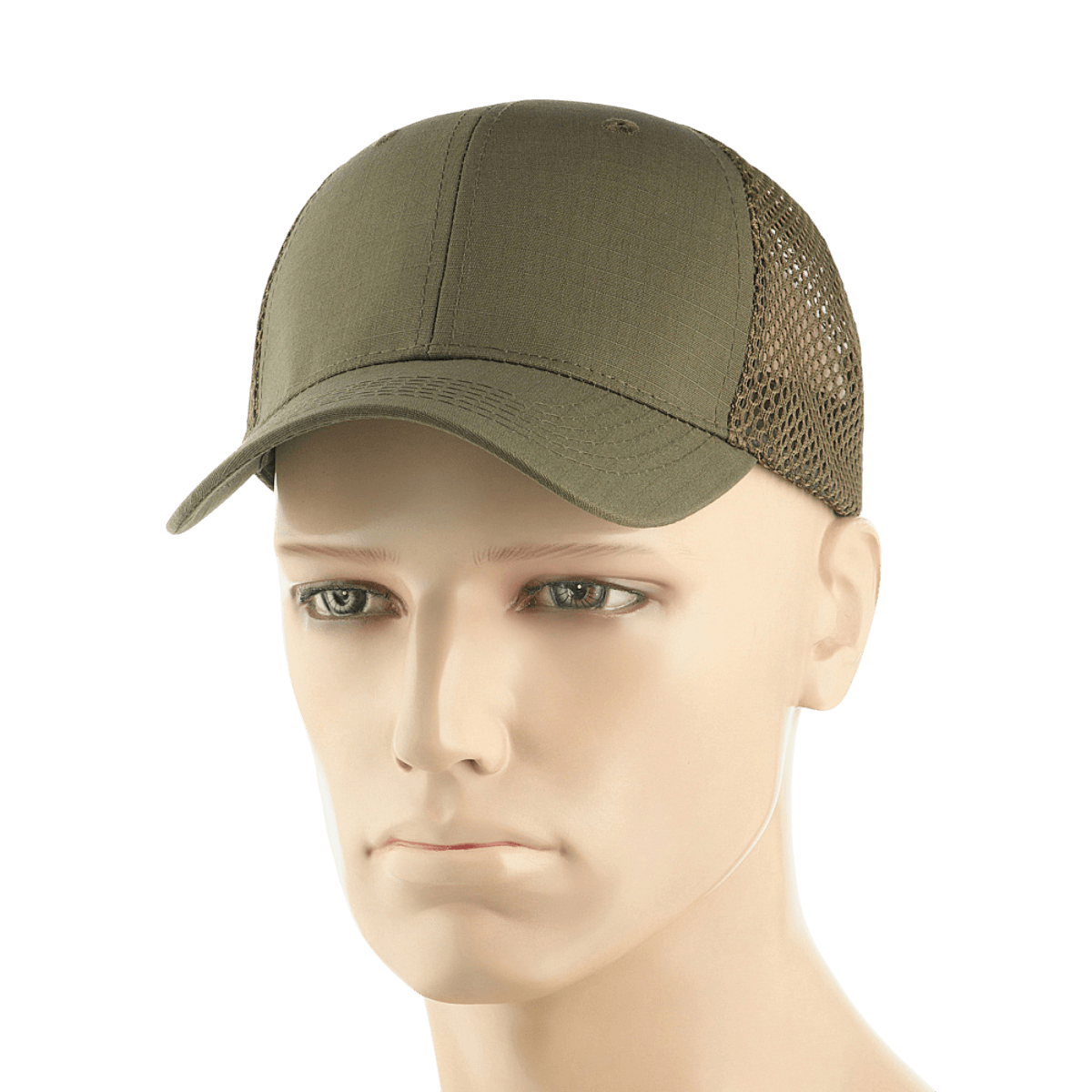 M-Tac Mesh Flex Ripstop Baseball Cap i grøn med mesh-paneler, justerbar Velcro-strop og fast skygge, perfekt til udendørs brug.
