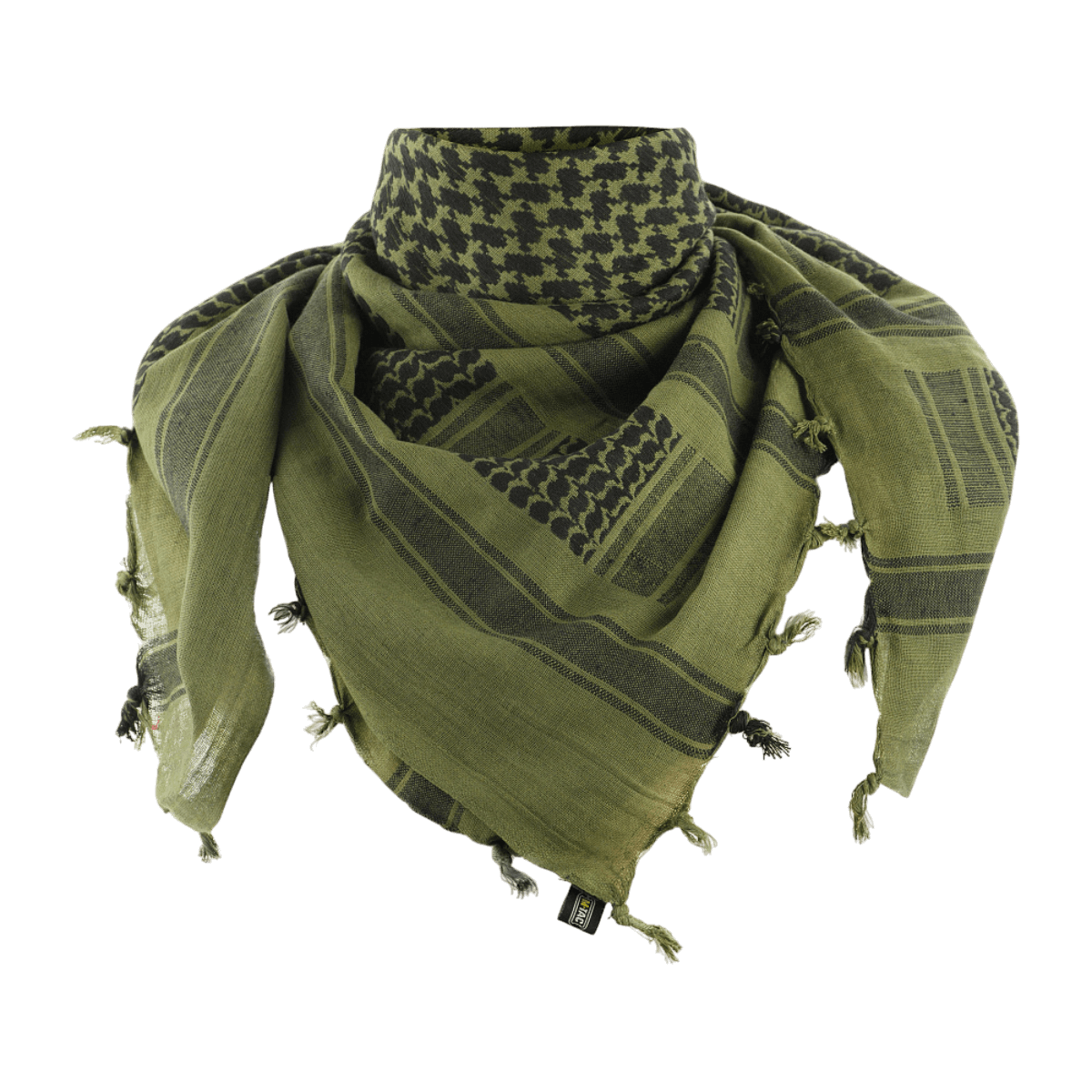 M-Tac Shemagh Tørklæde i olivengrønt mønster, 100% bomuld, størrelse 110x110 cm, til beskyttelse mod sol, sand og vind. Perfekt til udendørsbrug.