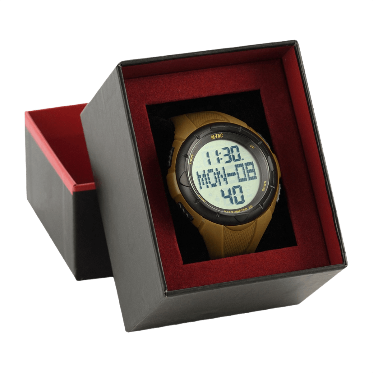 M‑Tac Taktisk Ur med Pedometer i en sort gaveæske, perfekt til sport og udendørs aktiviteter, viser digitalt display og funktioner.