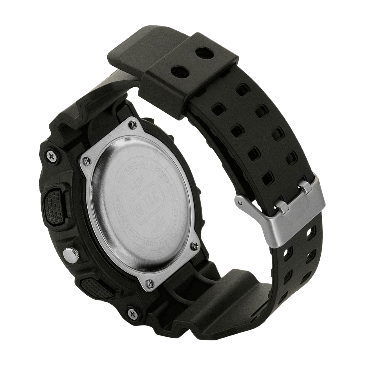 M‑Tac Sport Ur med robust polycarbonat urkasse og sort silikonerem, ideel til outdoor-eventyr og sportsaktiviteter.