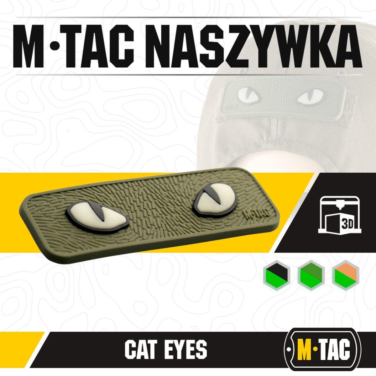 M-Tac Cat Eyes 3D PVC Patch med lysreflekterende design og Velcro fastgørelse, ideel til militær og outdoor aktiviteter.