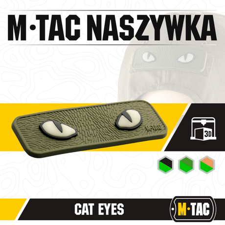 M-Tac Cat Eyes 3D PVC-patch med lysreflekterende design og Velcro-feste, ideell for militær- og utendørsaktiviteter.