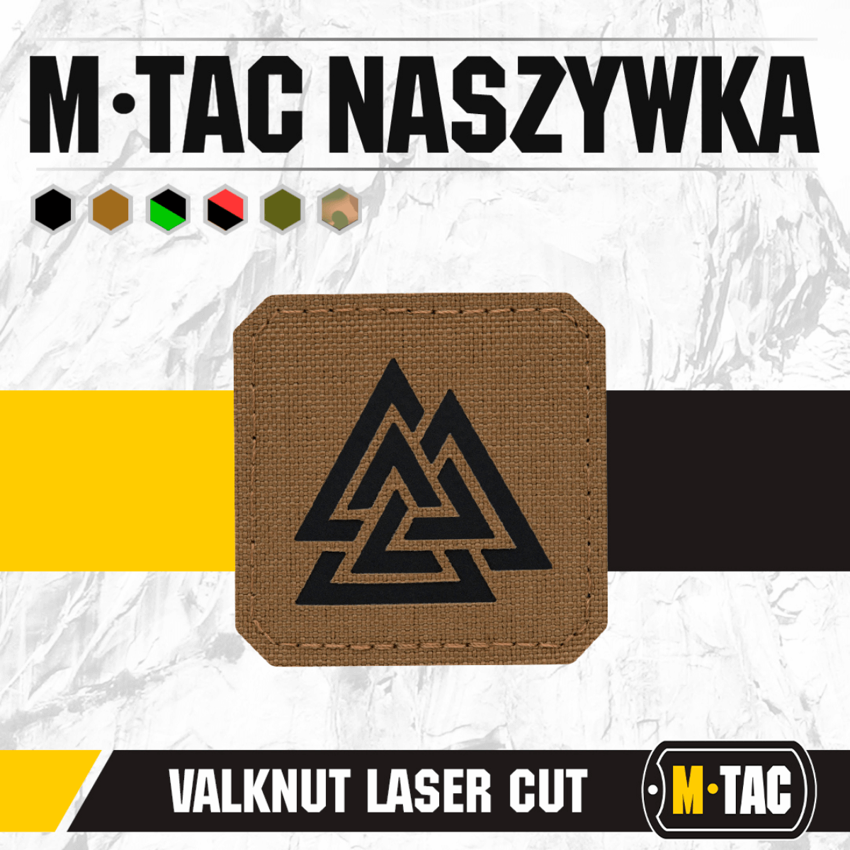 M-Tac Patch Valknut Laser Cut Odin symbol på brunt stof med sort mønster, ideel til taktisk og udendørs brug.