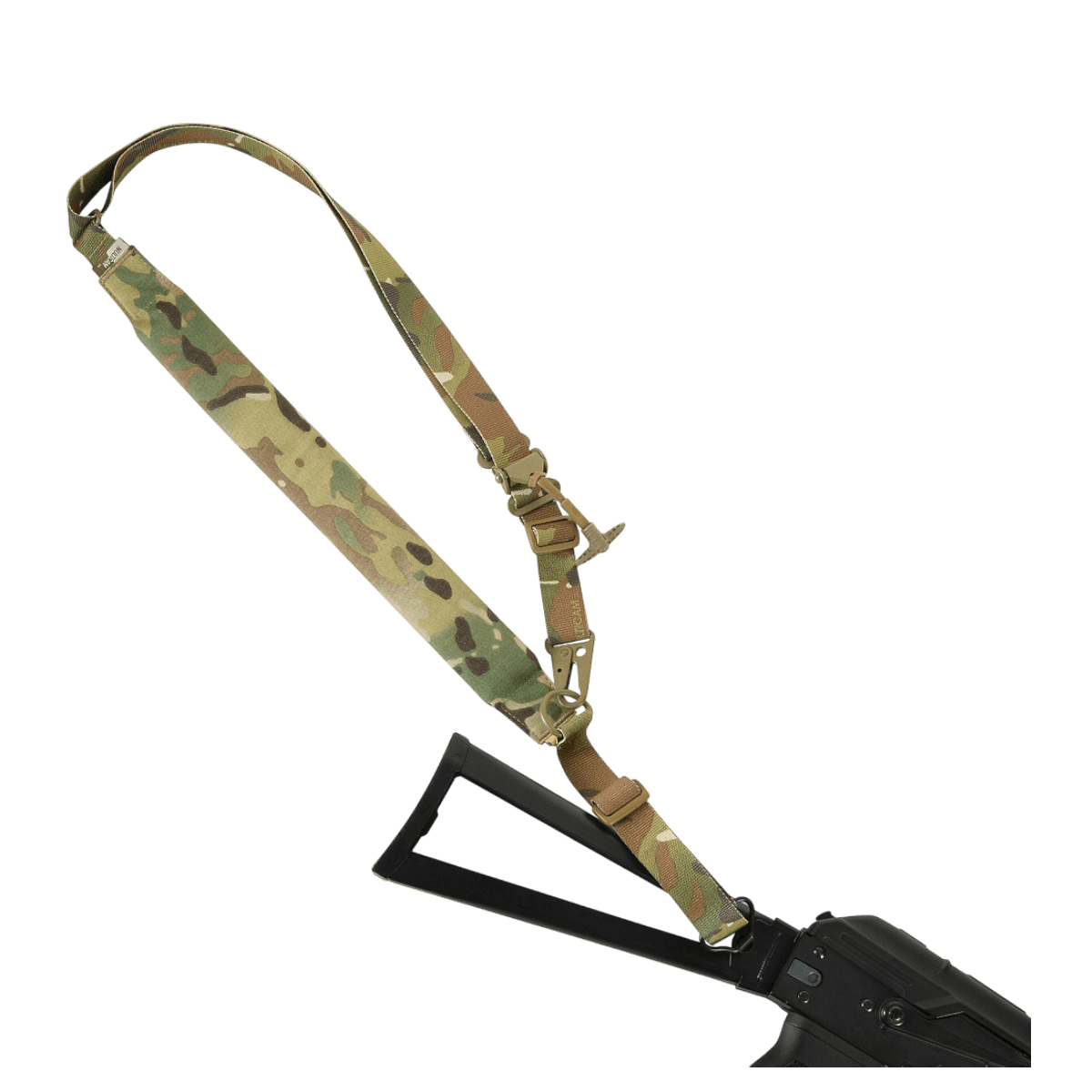 M-Tac Universal Våbenrem i camouflage, viser multifunktionelt design med to-punkts og enkelt-punkts fastgørelsessystem.