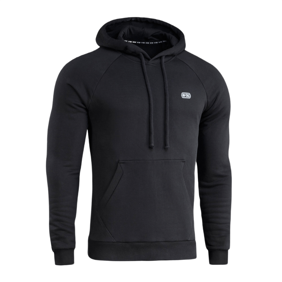 M-Tac Cotton Raglan Hard Hoodie i sort med kængurulomme og fleecefor, perfekt til efterår og vinter. Hætte og raglanærmer for komfort.