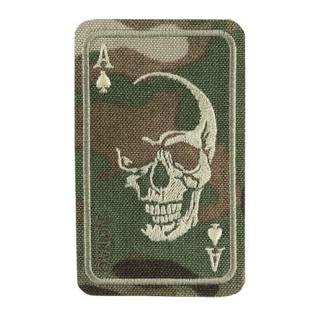 M-Tac Patch Face of War (broderi) med kraniesymbol og ace of spades-design brodert på Cordura 500D-materiale, 8.5 x 5.2 cm.