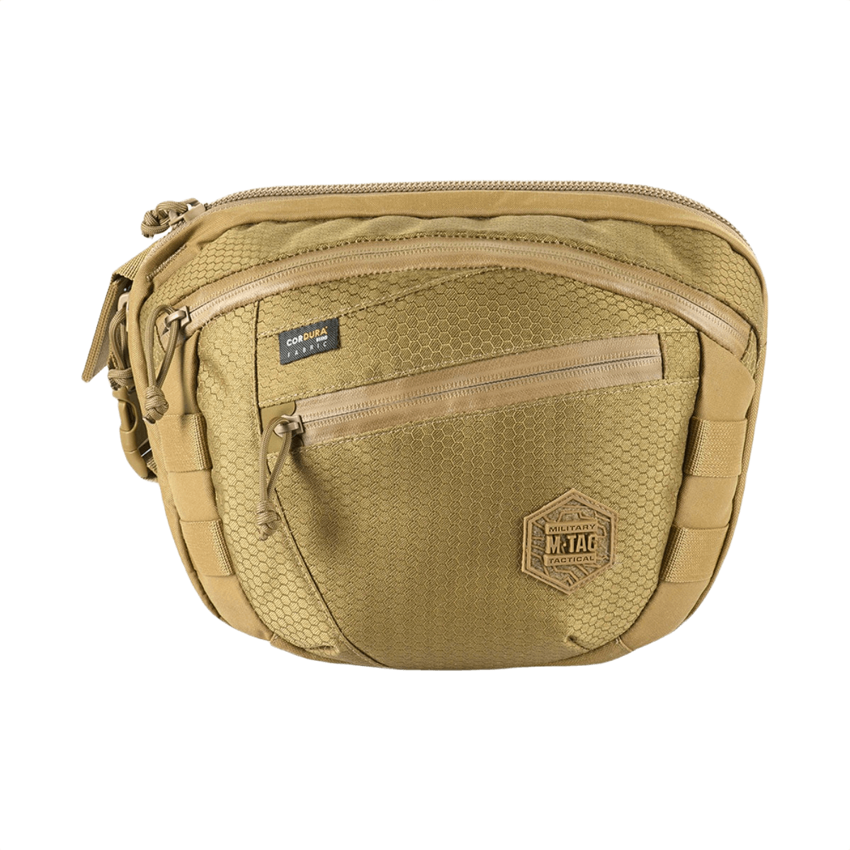 M-Tac Sphaera Hex Hardsling Bag Large Elite i sandfarvet med hexagon mønster og lynlåslomme foran, ideel til udendørs aktiviteter.