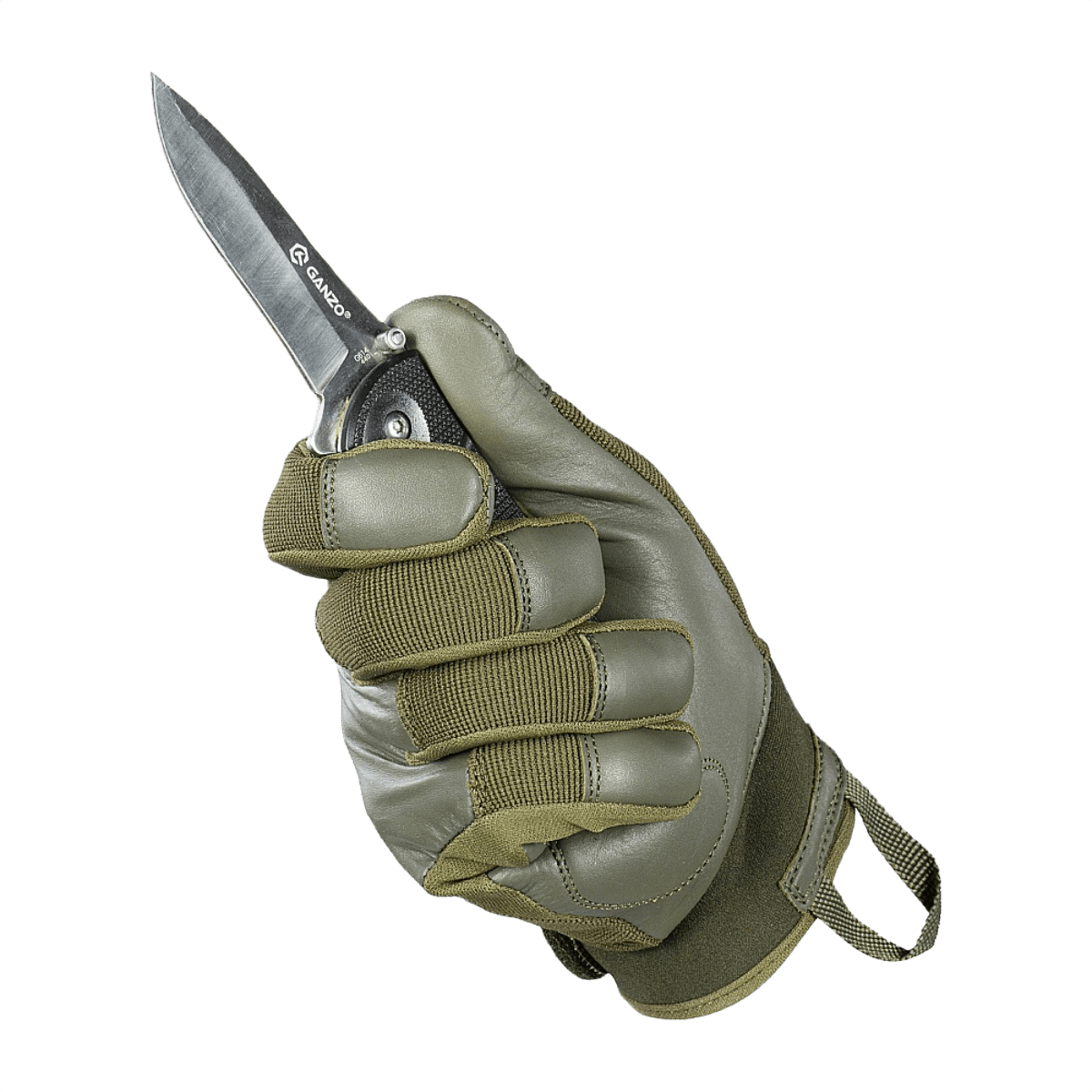 M-Tac Handsker Police Gen.2 med kniv i taktisk position for forbedret greb og beskyttelse, designet til politi og sikkerhedspersonale.