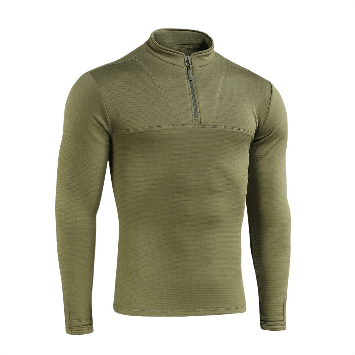 M-Tac Thermal Fleece Trøje Delta Level 2 i olivenfarve på hvid baggrund. Designet til kolde klimaer med YKK-lynlås.
