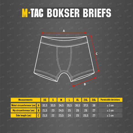 M-Tac Herre Boxer 93/7 med størrelsestabel for talje, hofte, og sidelængde