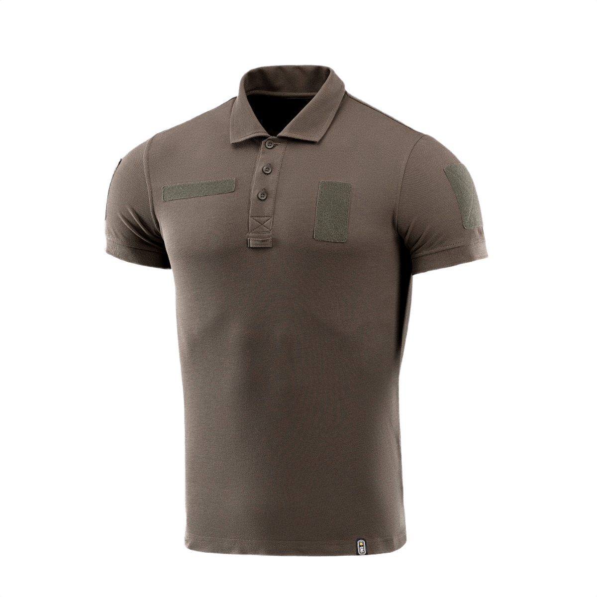 M-Tac Tactical Polo Shirt 65/35 i brun med velcro-paneler til patches, ideel til politi og sikkerhedsarbejde, lavet af bomuld og polyester.