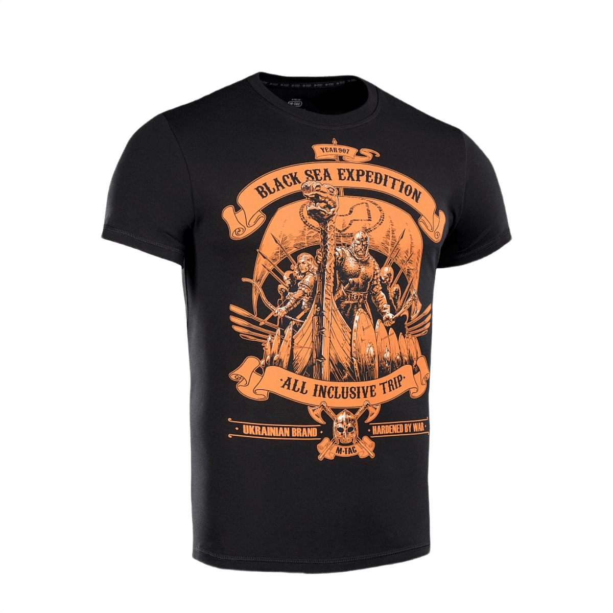 M-Tac T-shirt Black Sea Expedition i sort med grafisk print, ideel til jagt, fiskeri og sport. Holdbar og komfortabel med elastisk pasform.