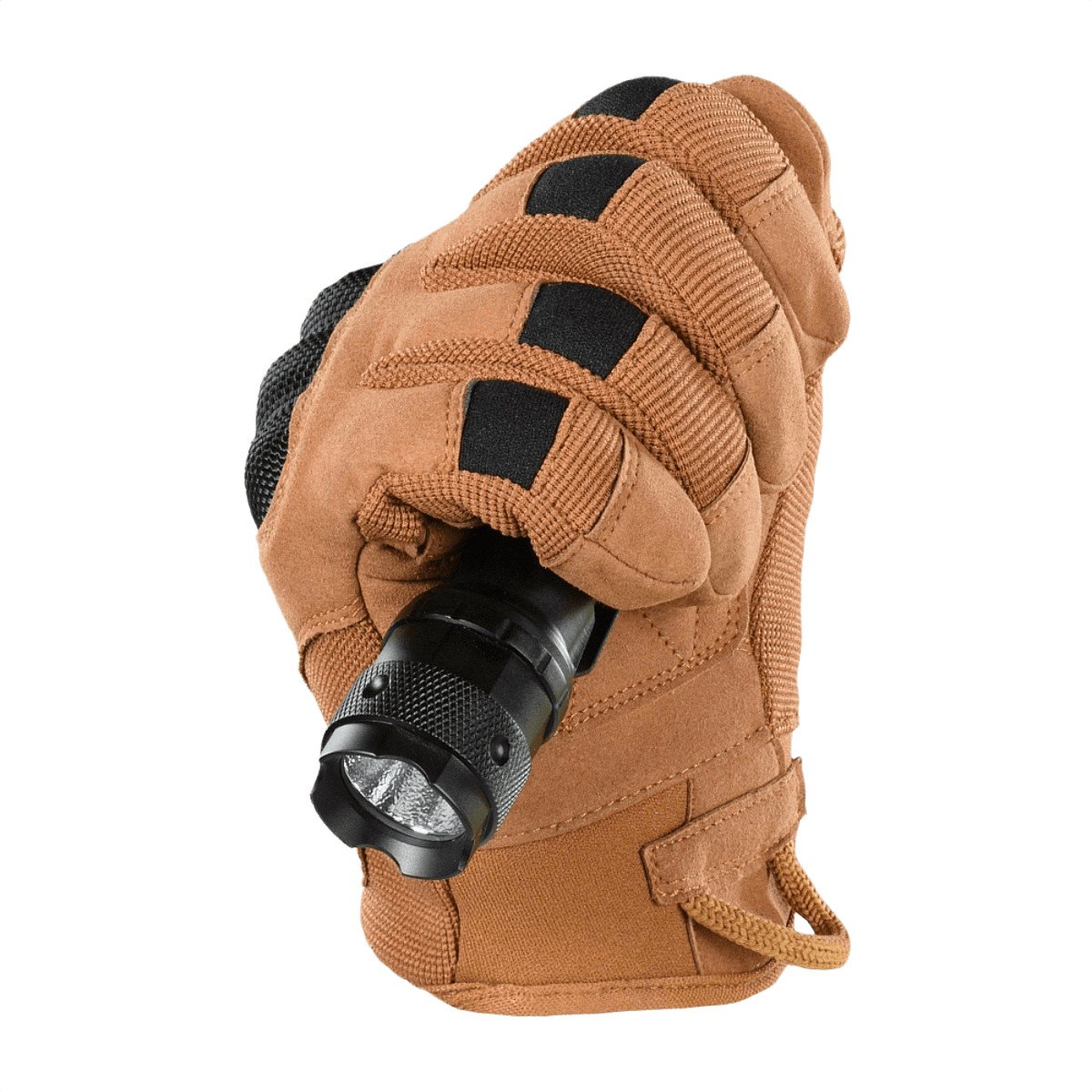 M-Tac Handsker Assault Tactical Mk.6 i brunt med lygteholder, forstærkede kno-pads og non-slip håndflade for taktisk brug.