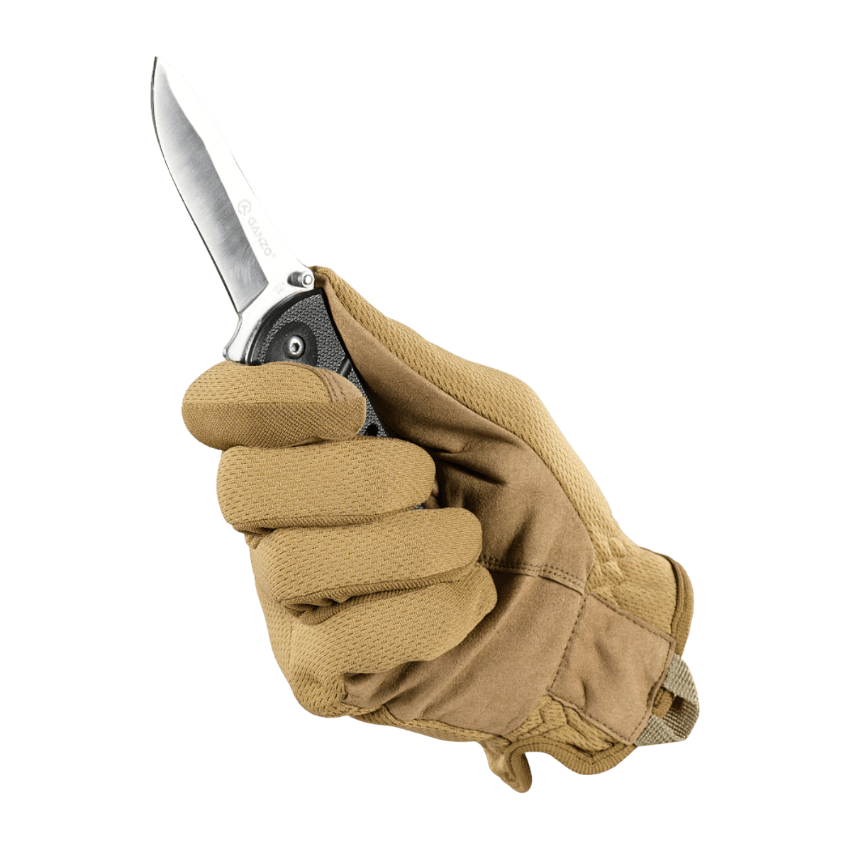 M-Tac Handsker Scout Tactical Mk.2 holder en kniv, viser fleksibilitet og beskyttelse for værktøjsarbejde, syntetisk læder for holdbarhed.