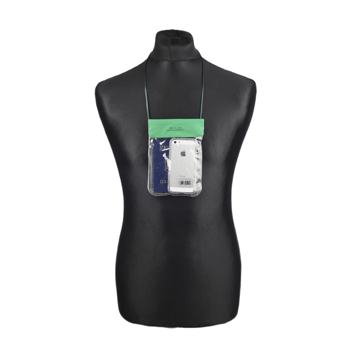 M-Tac Vandtæt Etui til Dokumenter på et mannequinhoved, beskytter en telefon mod vand. Perfekt til udendørsaktiviteter og rejser.