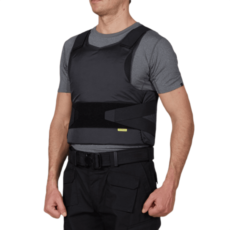Anorak Rhodium® Concealable II stikk- og skuddsikker vest med høy diskresjon og beskyttelse mot skytevåpen og stikkvåpen, svart design.