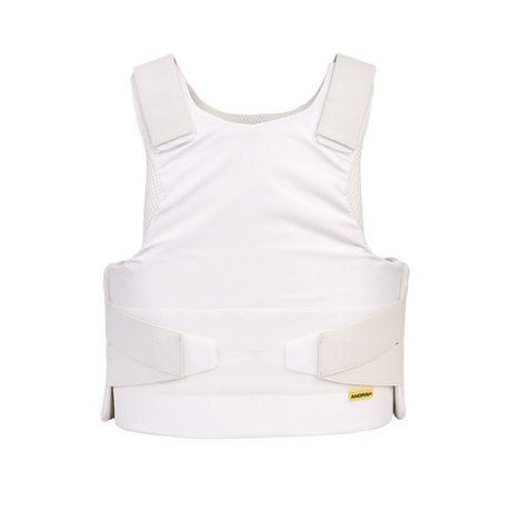 Anorak Rhodium® Concealable II stikk- og skuddsikker vest i hvit, nivå Level IIIA-beskyttelse, synlig slitesterkt rip-stop yttermateriale.