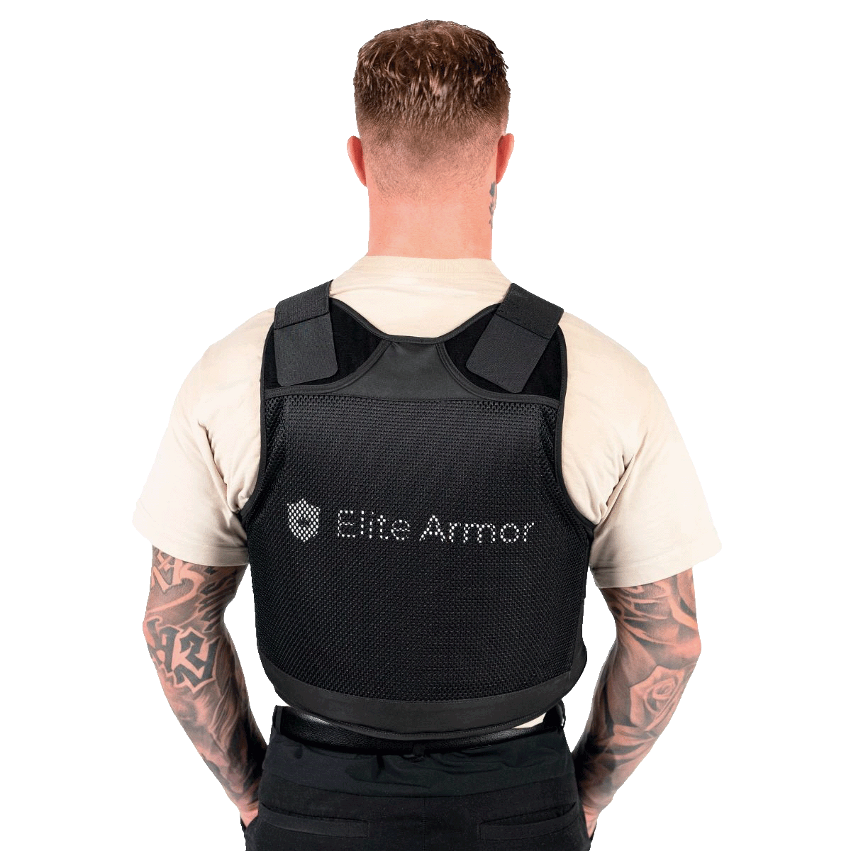 Elite Armor RX2 Stik & Skudsikker Vest – mand i t-shirt med vest bagra.