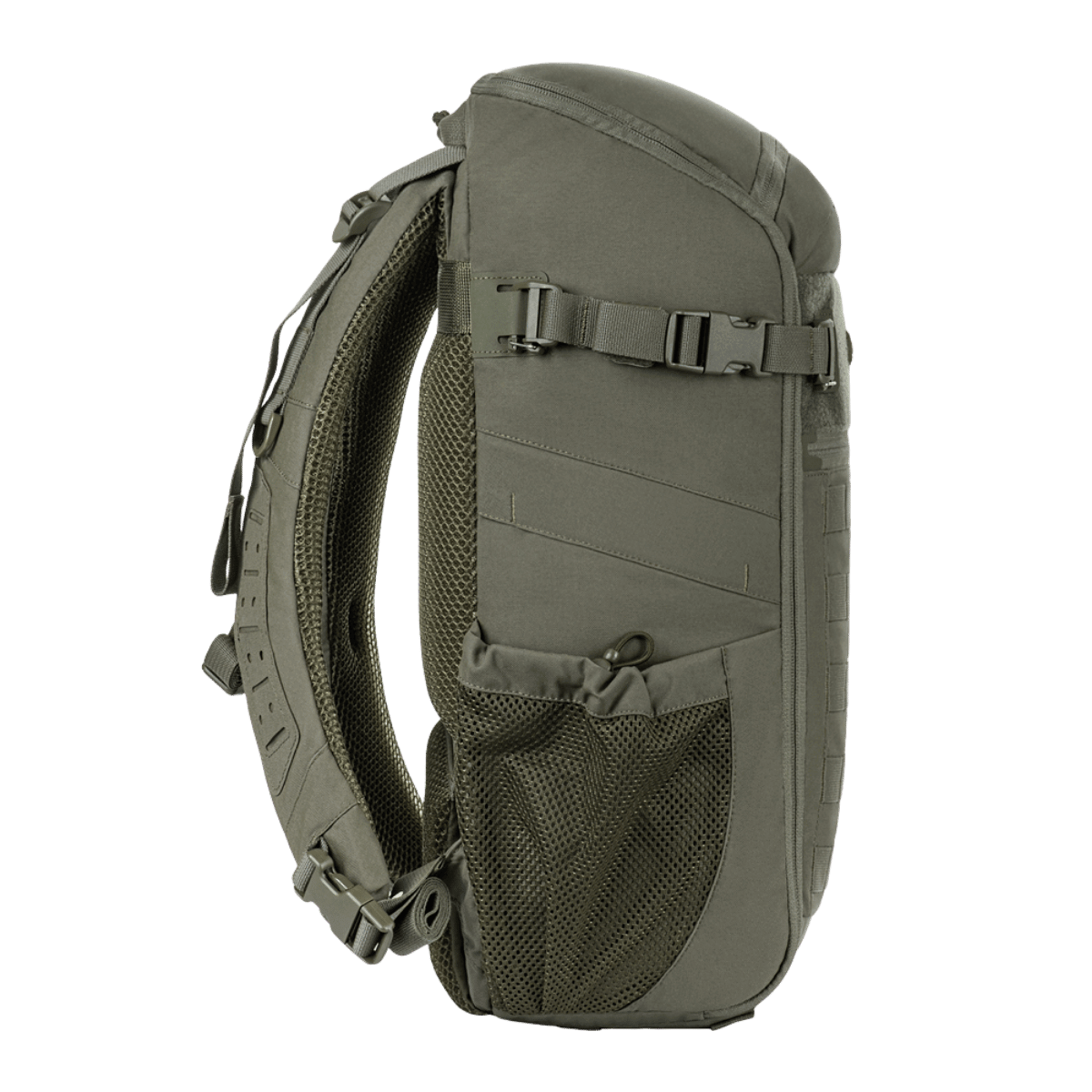 M-Tac Rygsæk Gen. II Elite – Small i sideprofil med mesh-lommer og MOLLE-paneler, praktisk åbning som en kuffert.