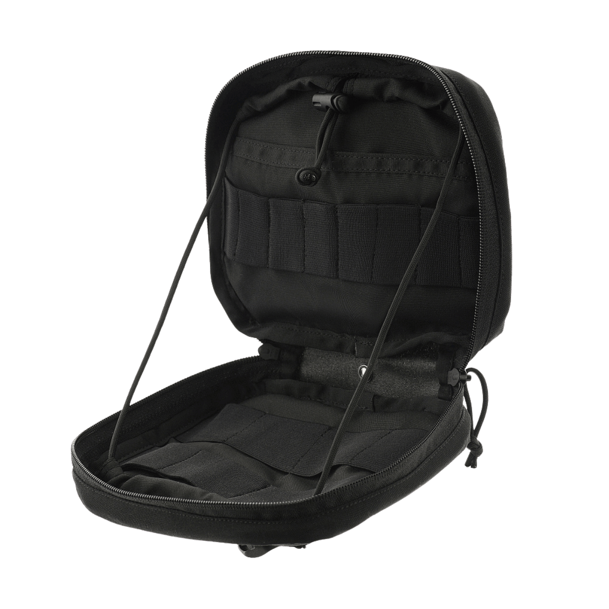 M-Tac organizer pouch Elite åben med 90 graders åbning og M.O.L.L.E.-system til førstehjælpsudstyr og EDC-sæt.