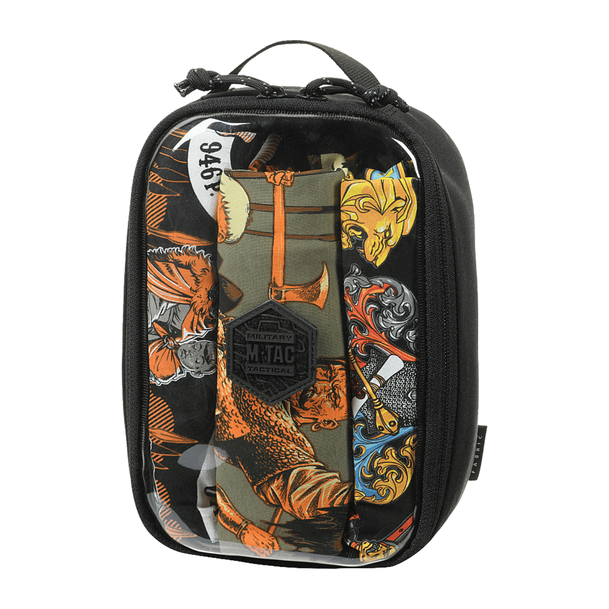 M-Tac Utility Organizer Transparent Elite Small Gen. II på grøn baggrund, lavet af slidstærkt Cordura 500D med gennemsigtigt PVC frontpanel.