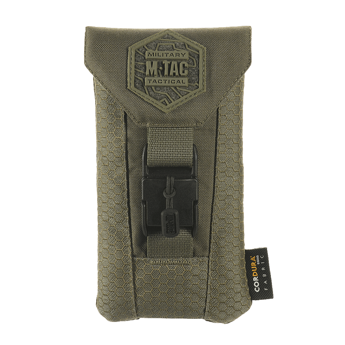 M-Tac Smartphone Taske Elite Medium Hex i sort, lavet af holdbart CORDURA HEX 1000D materiale, designet til opbevaring af smartphones op til 5,8 tommer.