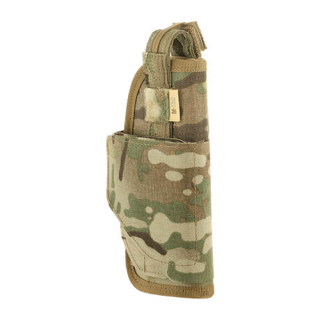 M-Tac Universal taktisk hylster Elite høyre i camo med Cordura 500D, justerbar stropp og Velcro-lås for sikker pistoloppbevaring.