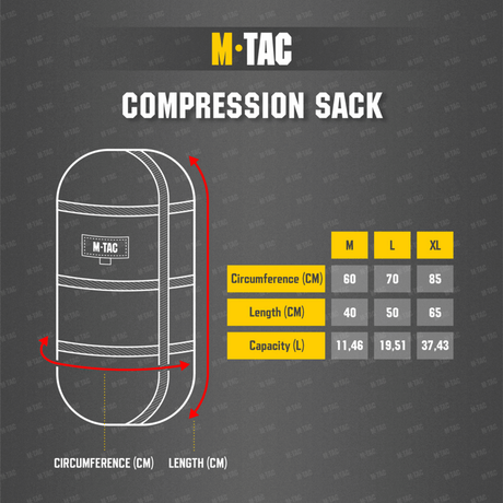 M-Tac kompresjonspose størrelsesdiagram med mål for omkrets og lengde i centimeter. Viser tre ulike størrelser M, L og XL.