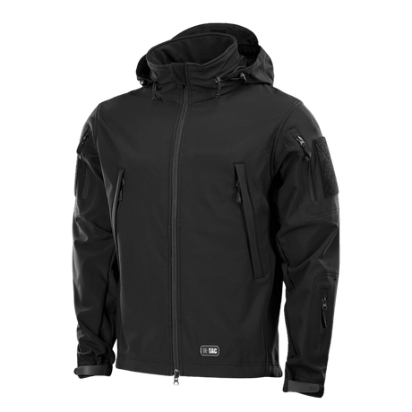 M-Tac Soft Shell Jakke i sort med indre polyuretan-membran og fleece-lag, vejrbestandigt og letvægtsdesign.
