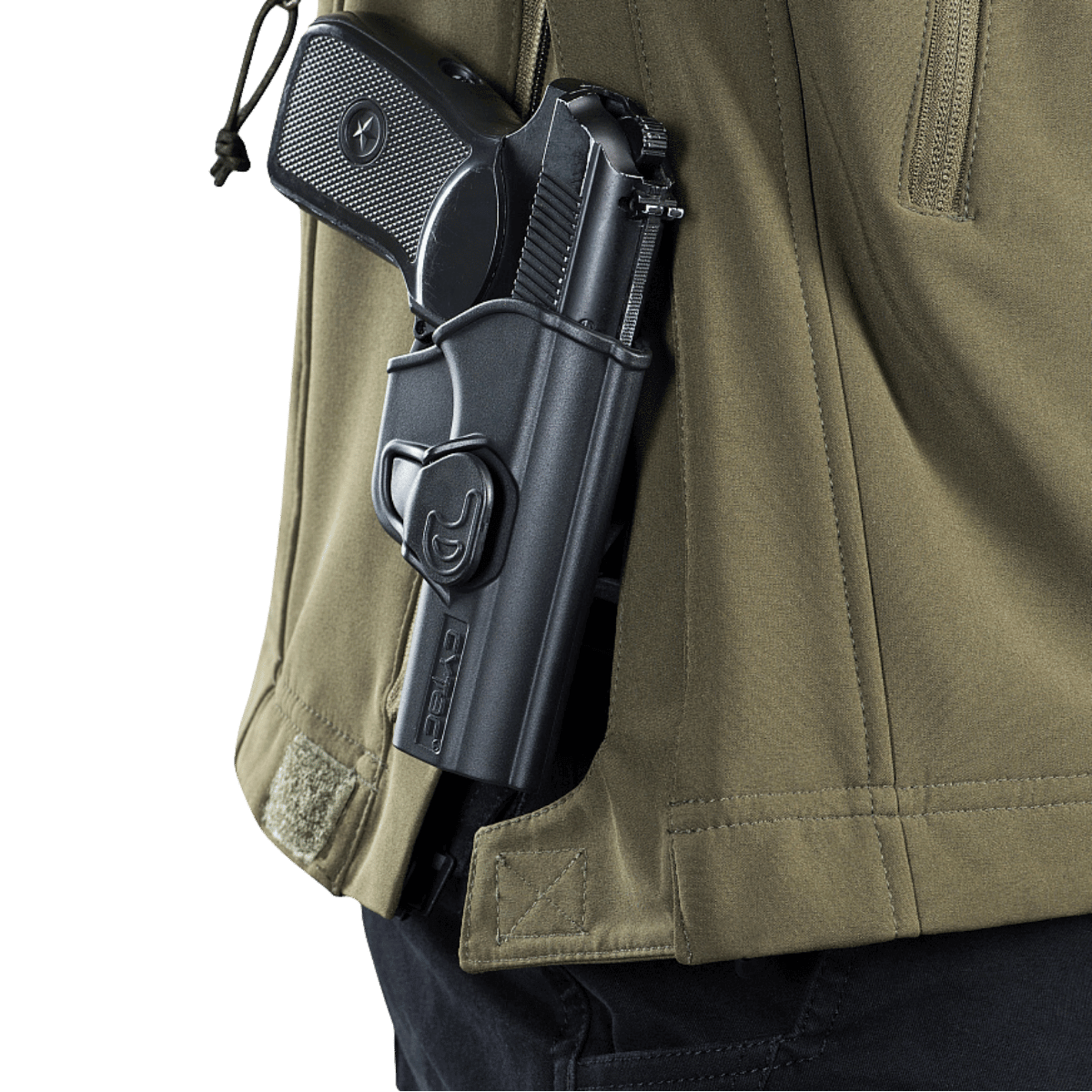 M-Tac Soft Shell Police Jakke med skjult lomme og indvendig pistol på en mand