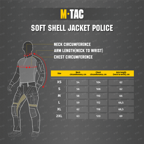 Størrelsesguide for M-Tac Soft Shell Police Jakke med målinger for hals, arme og brystcirkumferencer i forskellige størrelser.