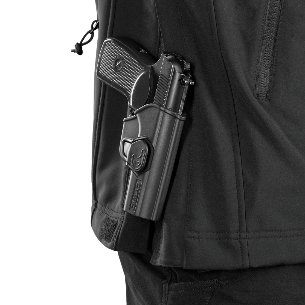 M-Tac Soft Shell Police Jakke med skjult pistolhylster, designet til optimal bevægelsesfrihed og beskyttelse mod vejr.