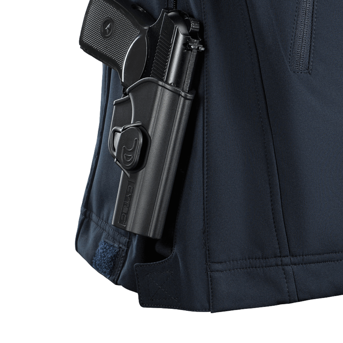 Detalje af M-Tac Soft Shell Police Jakke med en indre lomme til udstyr, fremhæver funktionelt snit og beskyttelse mod vejrforhold.