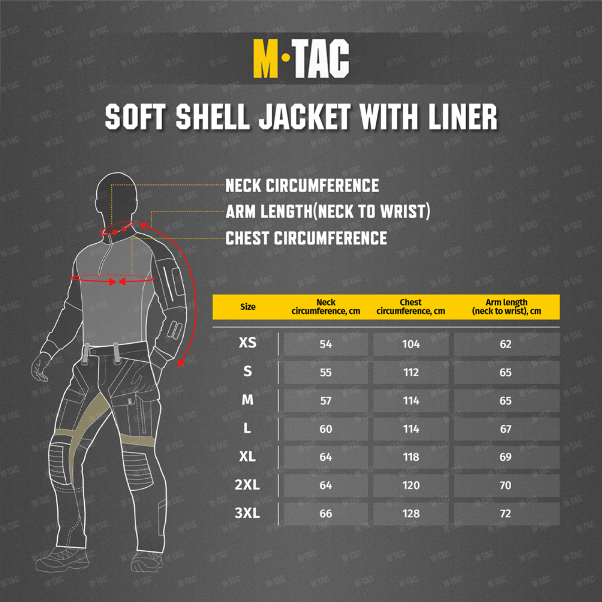 Størrelsesguide for M-Tac Soft Shell Jakke med Liner med detaljerede kropsmål.