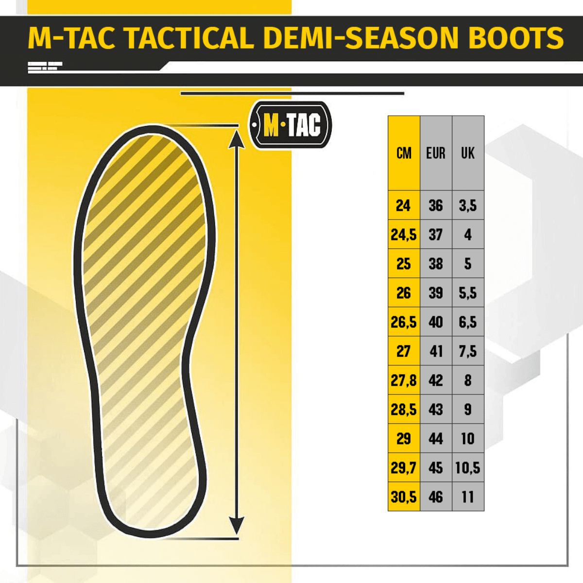 Størrelsesguide for M-Tac Taktiske Sæsonstøvler med EU, UK, og CM mål for mellemsæson Ruskind støvler til taktiske opgaver.