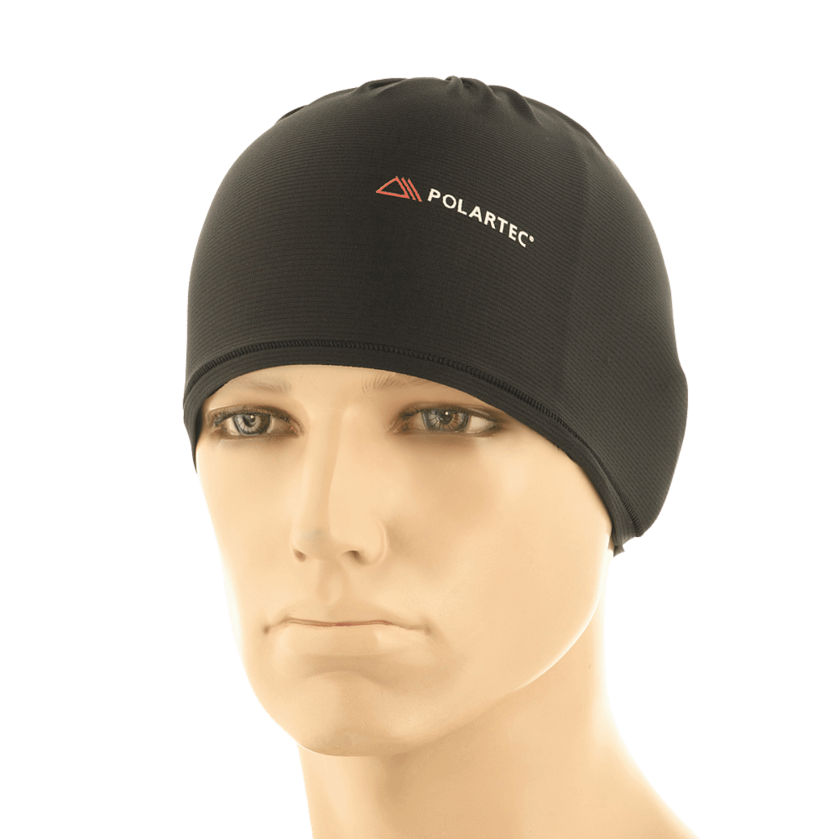 Sort hue med Polartec-logo på mannequinhoved til isolering og varme.