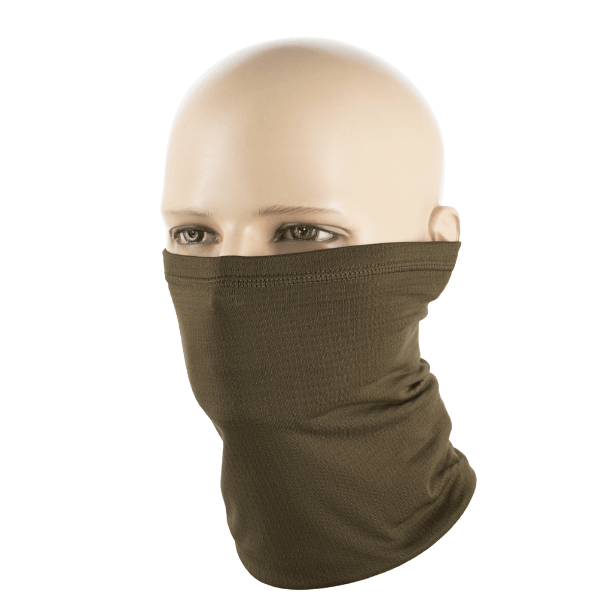 M-Tac Tube Scarf Polartec Power Grid i brun farve, bæres som ansigtsmaske på mannequin, fremstillet af holdbart Polartec Power Grid materiale.