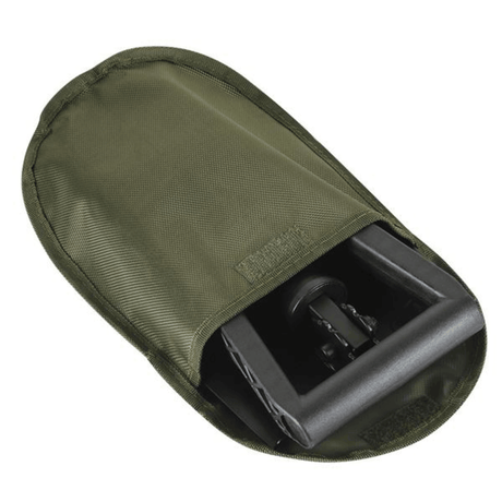 M-Tac sammenleggbar spade med etui i kompakt oppbevaringstilstand, ideell for camping, friluftsliv og militær bruk.