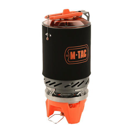 M-Tac gassbrenner med kjele for utendørs matlaging - kompakt og plassbesparende design med piezo-tenner og gassregulator.