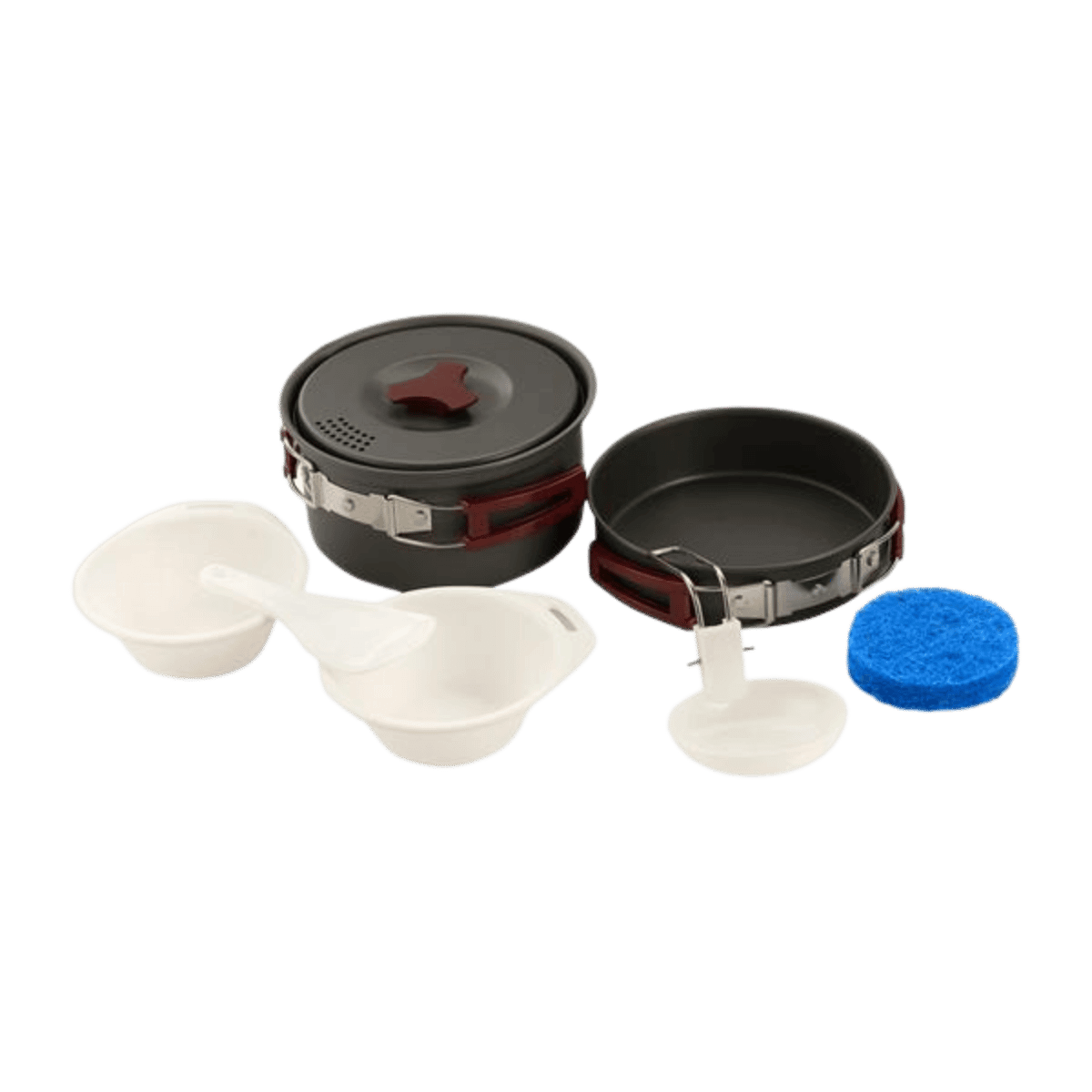 M-Tac Individuelt Kogegrejsæt – Kompakt sæt til camping med gryde, pande, låg, tallerken og bestik. Let aluminium og varmebestandigt greb.