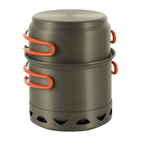 M-Tac enkelt kokesett til brenner i anodisert aluminium med oransje håndtak, ideelt for camping og friluftsliv.