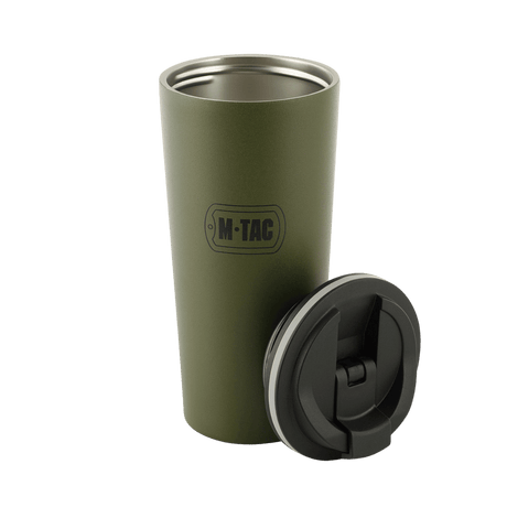 M-Tac termokopp 450 ml med ventil i rustfritt stål, åpen med lokk ved siden av, designet for å holde drikker varme eller kalde.