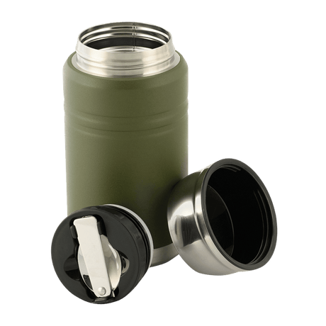 M-Tac Termoflaske 750 ml med sammenleggbar skje, robust design, ideell for camping og fotturer. Dobbeltvegget rustfritt stål.