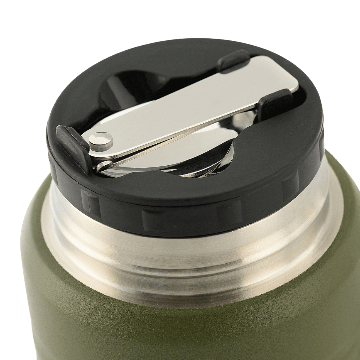 M-Tac Termoflaske 750 ml med Folde-ske i rustfrit stål, nærbillede af låg og foldeske, ideel til camping og vandreture.