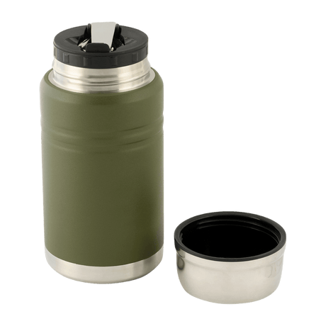 M-Tac Termoflaske 750 ml med sammenleggbar skje i rustfritt stål med dobbeltvegget design, ideell for camping og utendørsaktiviteter.