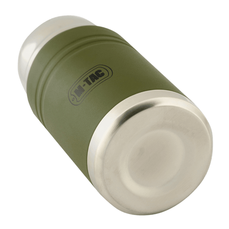 M-Tac Termoflaske 750 ml med sammenleggbar skje i rustfritt stål, sett nedenfra, ideell for camping, med moderne design.
