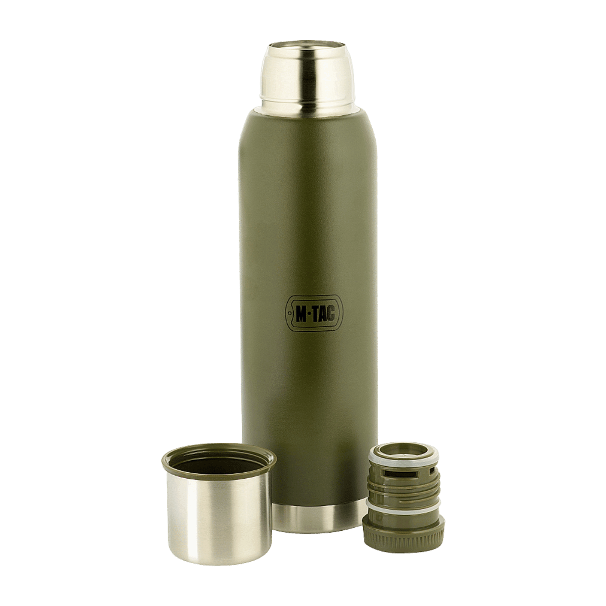 M-Tac Termoflaske Type 2 – 1,3 L i rustfrit stål med låg, ideel til camping, vandreture og picnic, termoisolering sikrer varme drikke.