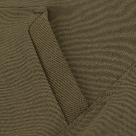 Nærbillede af M-Tac Cotton Raglan Hard Hoodie kængurulomme i olivengrøn 100% bomuld.